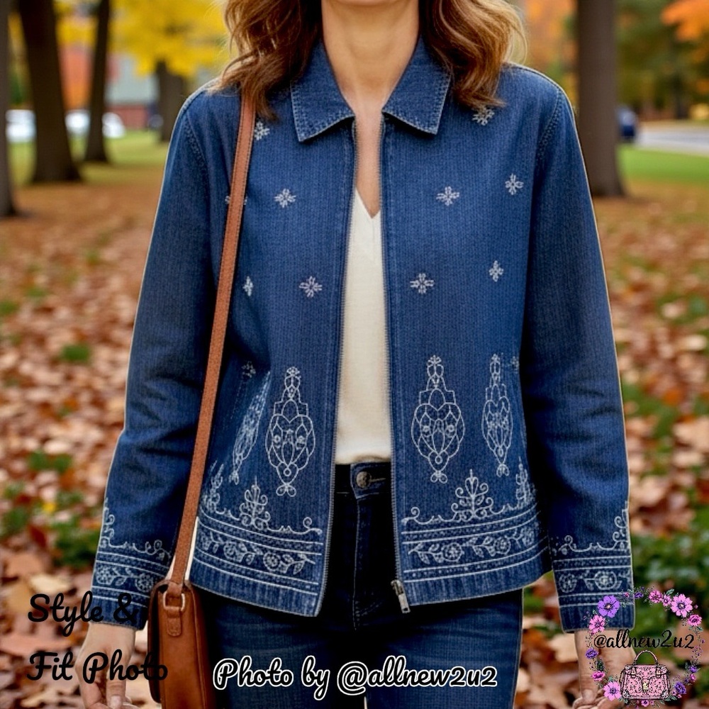Erika Boho Zippered Embroidered Jean Jacket Silver Threading W / Turquoise Sz XL